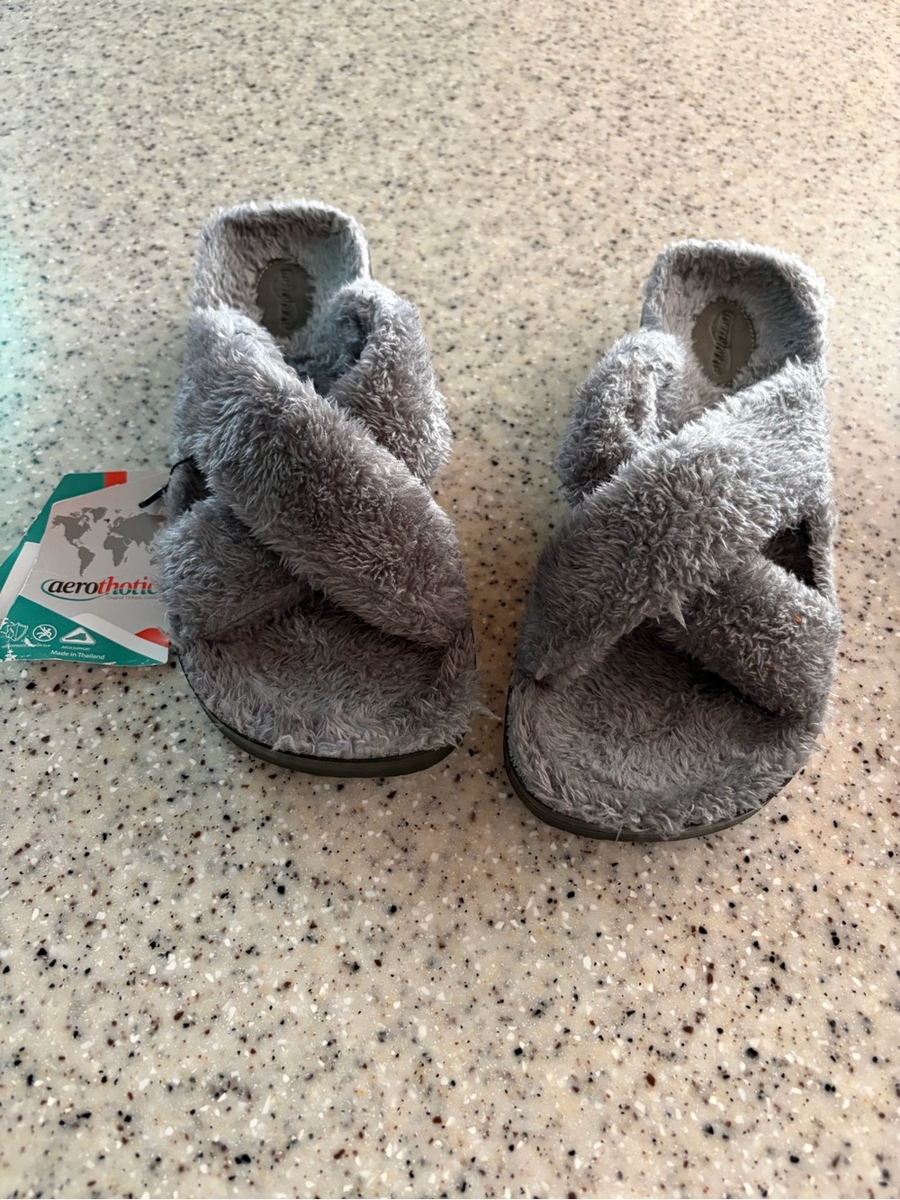 Aerothotic Gray Fuzzy Crisscross Slide Sandals